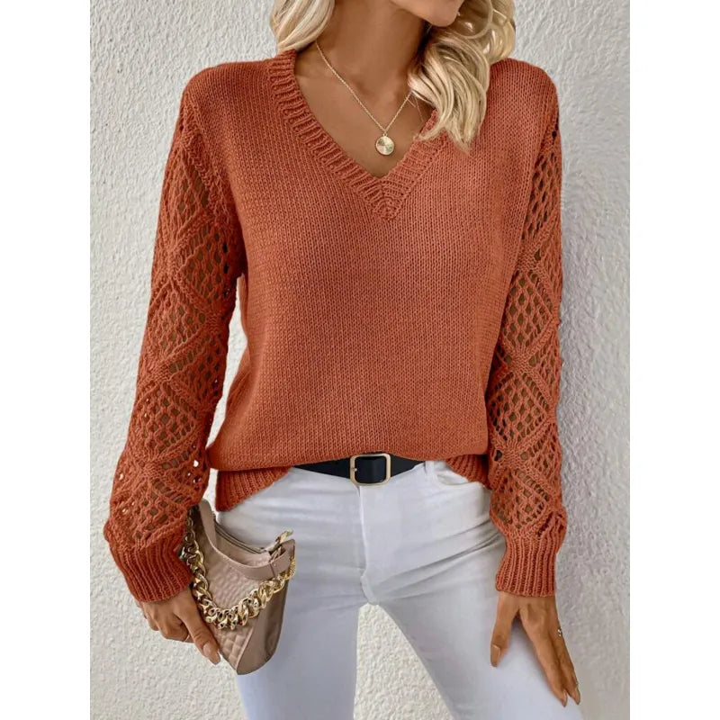 Comfortable women's V-neck knit pullover with open sleeves. Ideal for stylish fall & winter casual wear.