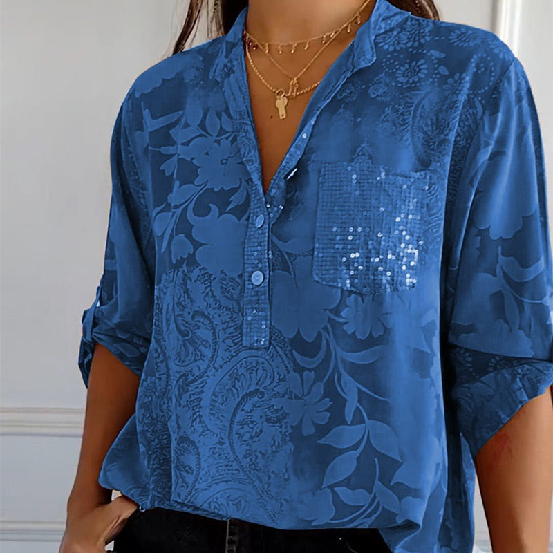 Lightweight women's spring V-neck top with functional button placket, comfortable & stylish.
