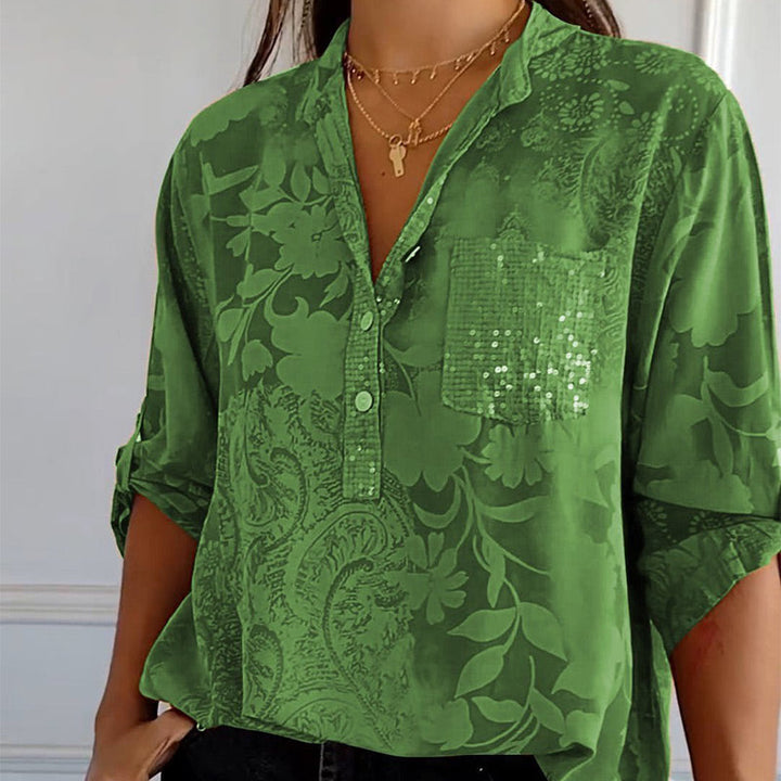 Fashionable women's Amaya V-neck top with chic button placket, perfect for stylish summer outfits.