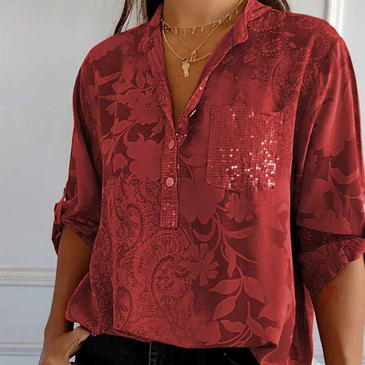 Versatile casual women's V-neck top with button placket, ideal for daily wear & effortless style.