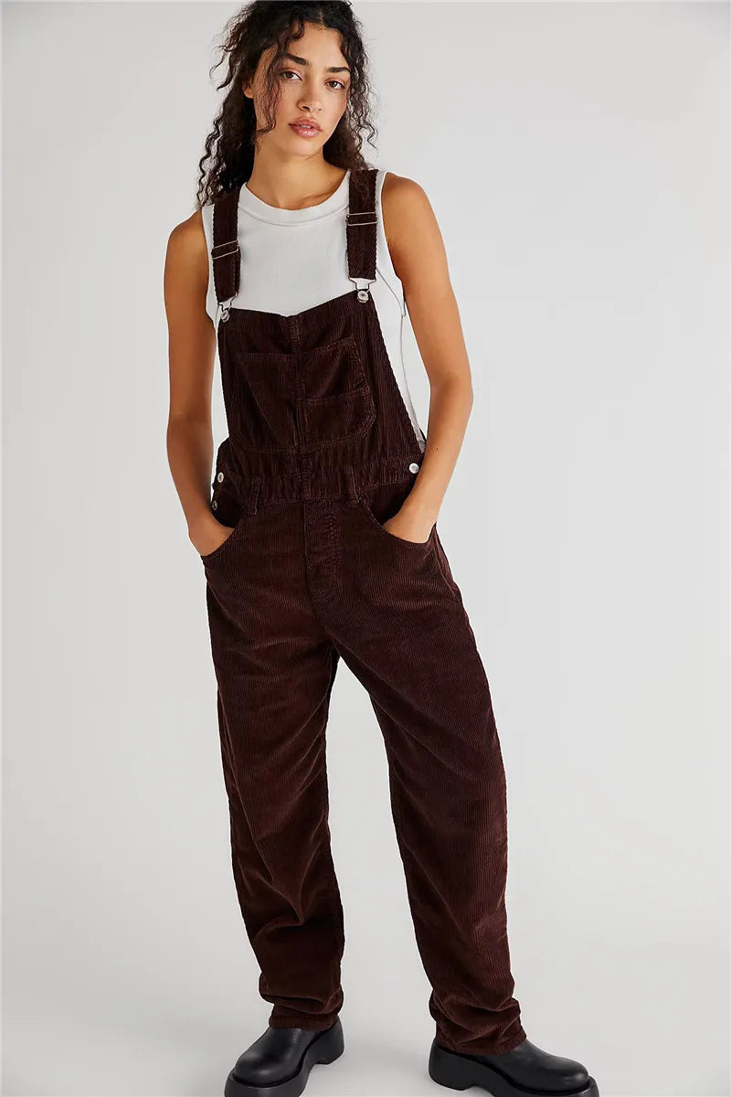 Comfortable women's corduroy jumpsuit, a versatile one-piece for stylish everyday wear and fall fashion.