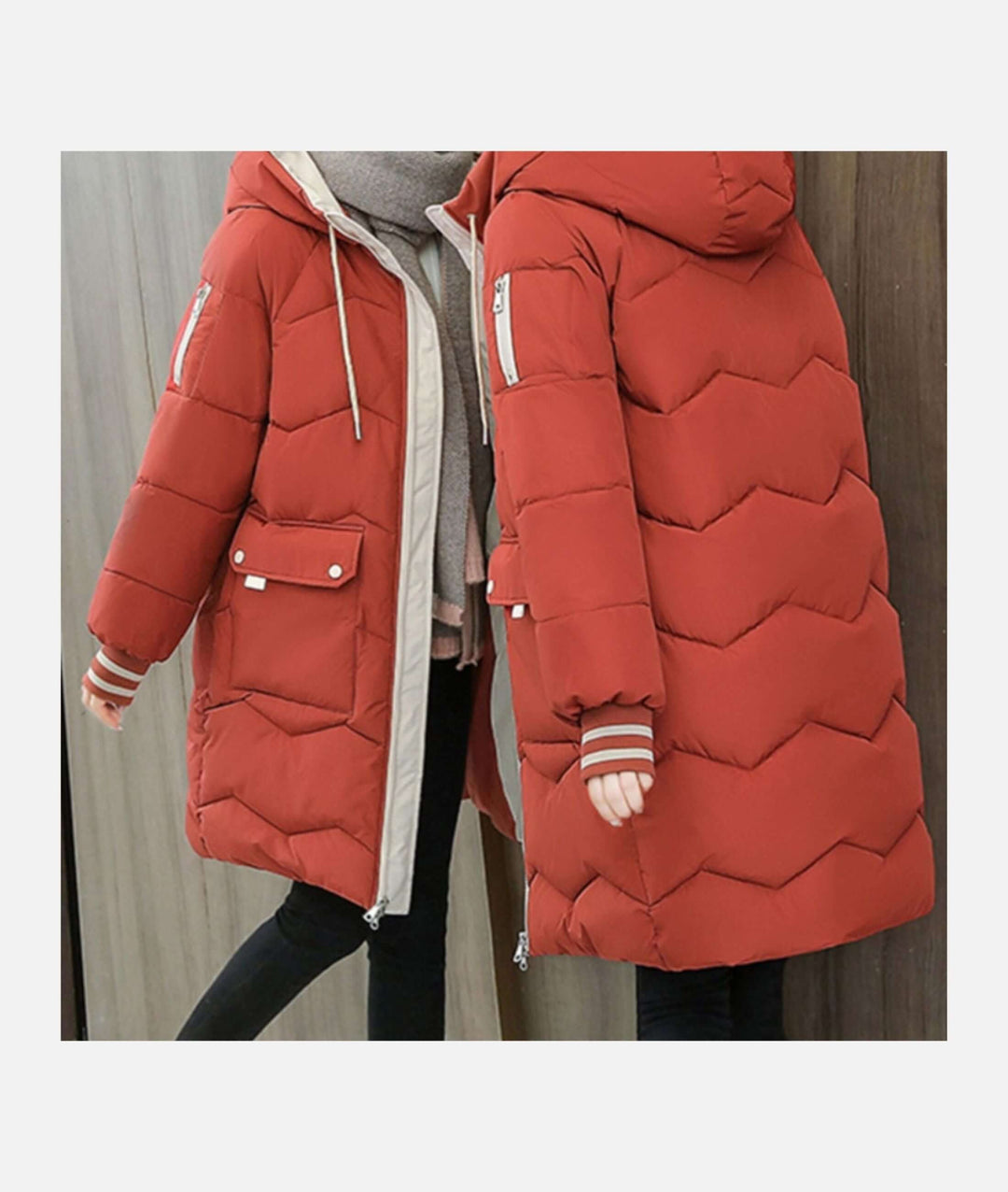 Front view of a women's stylish winter coat, warm, cozy, and elegant for any cold weather outfit.