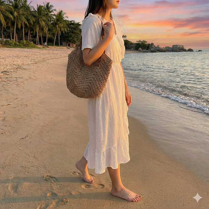 Natural woven beach bag for women, a casual summer tote perfect for carrying essentials to the shore.