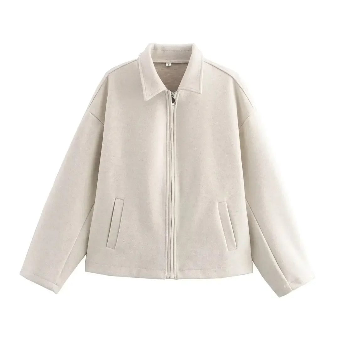 Modern women's zip-up collar jacket, a stylish and practical layering piece for fall and everyday.