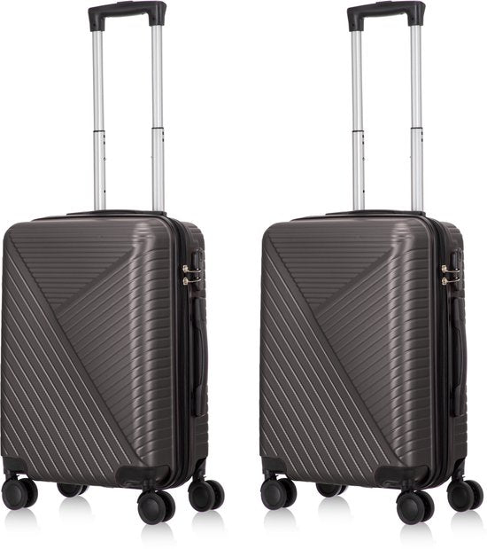Sleek & modern 2-piece hard shell luggage set with robust spinner wheels, ensuring secure & stylish airport travel.