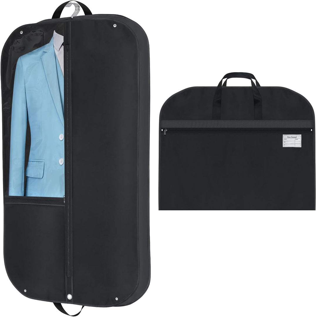 Two waterproof Oxford garment bags with gussets, protecting suits, dresses & clothing. Ideal for travel & storage.