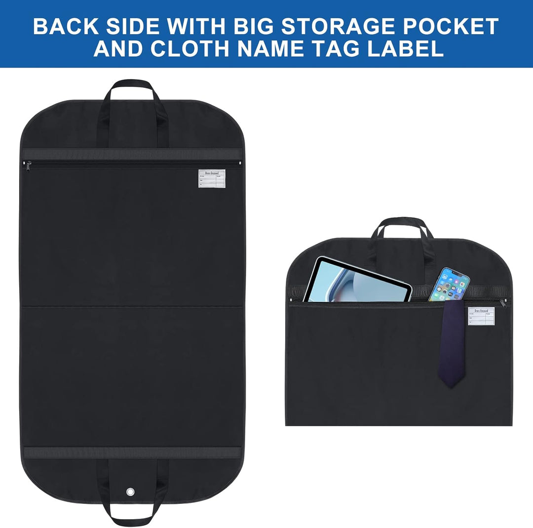 Set of two protective garment bags, 43" suit & dress covers with gusset & pockets, for wardrobe storage & travel.