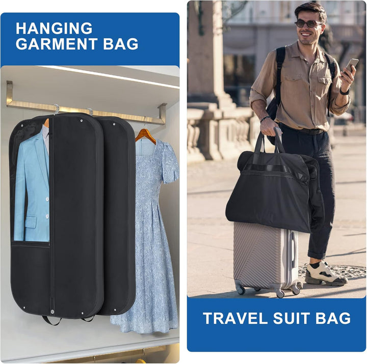 Waterproof Oxford garment bag (2-pack) for suits, dresses & clothing protection. Features gusset & multiple pockets.
