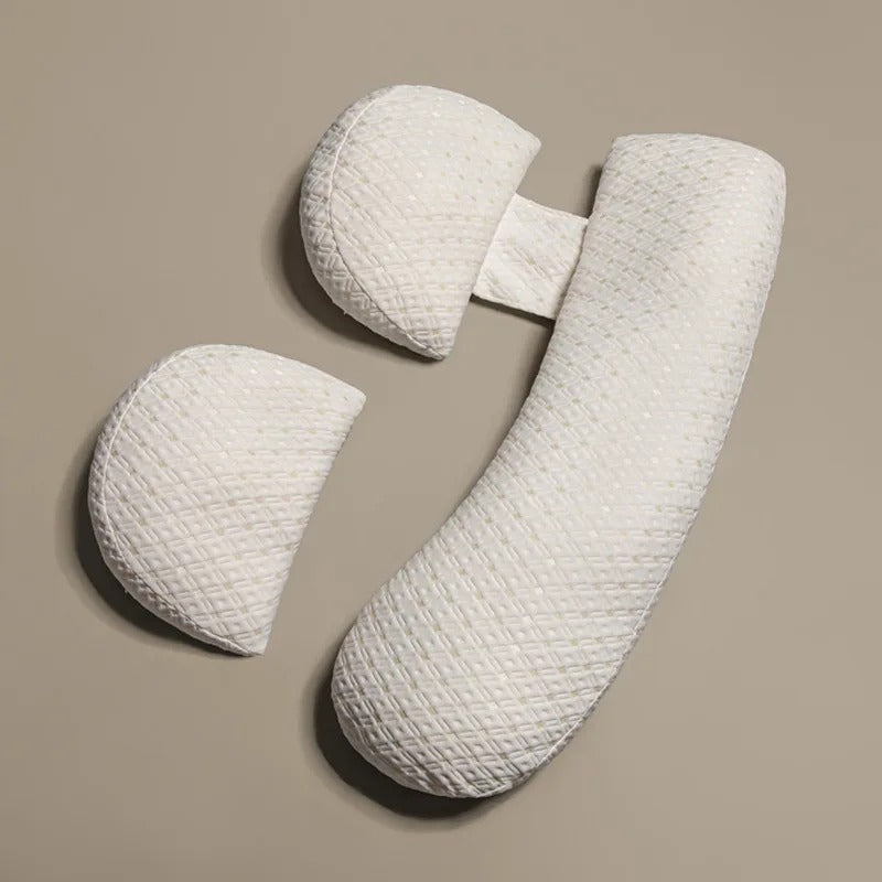 U-shaped maternity pillow for pregnancy support, soft ergonomic design, offers full body comfort for back, belly, and legs.