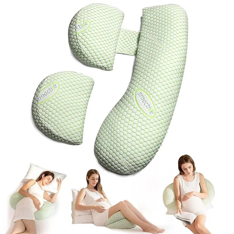 U-shaped maternity pillow for pregnancy support, soft ergonomic design, offers full body comfort for back, belly, and legs.
