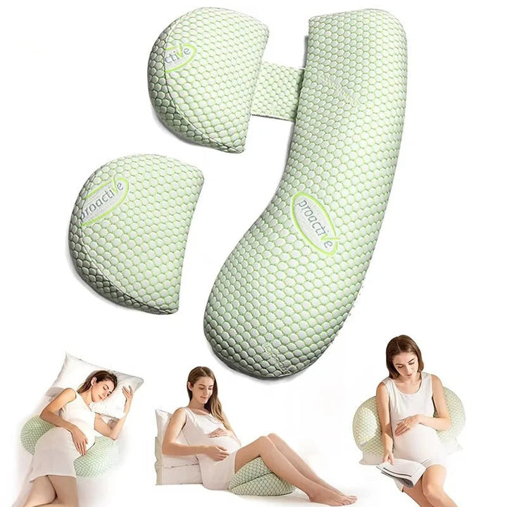 U-shaped maternity pillow for pregnancy support, soft ergonomic design, offers full body comfort for back, belly, and legs.