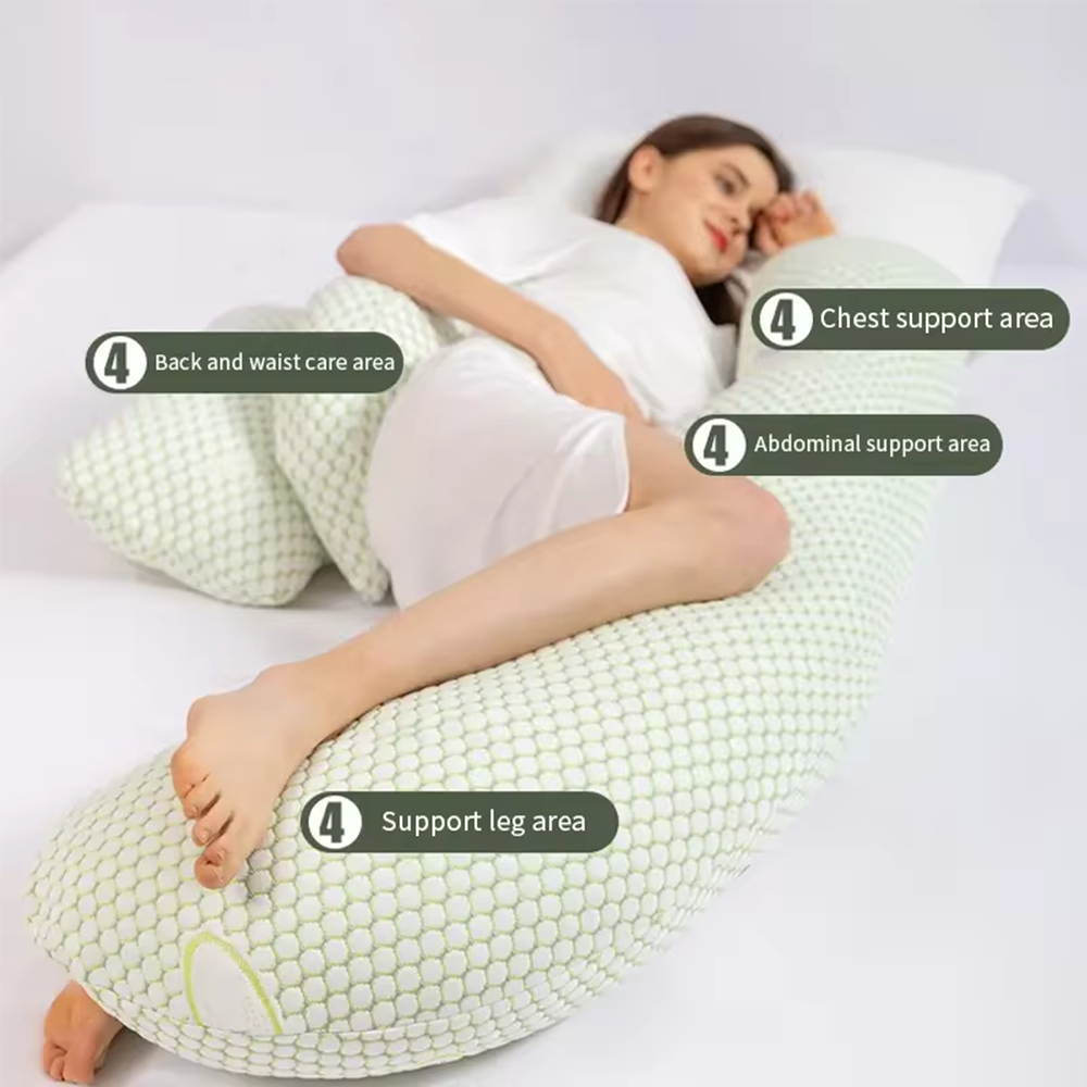 U-shaped maternity pillow for pregnancy support, soft ergonomic design, offers full body comfort for back, belly, and legs.
