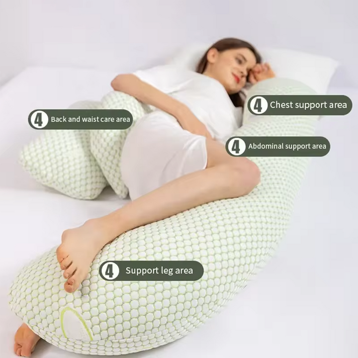 U-shaped maternity pillow for pregnancy support, soft ergonomic design, offers full body comfort for back, belly, and legs.