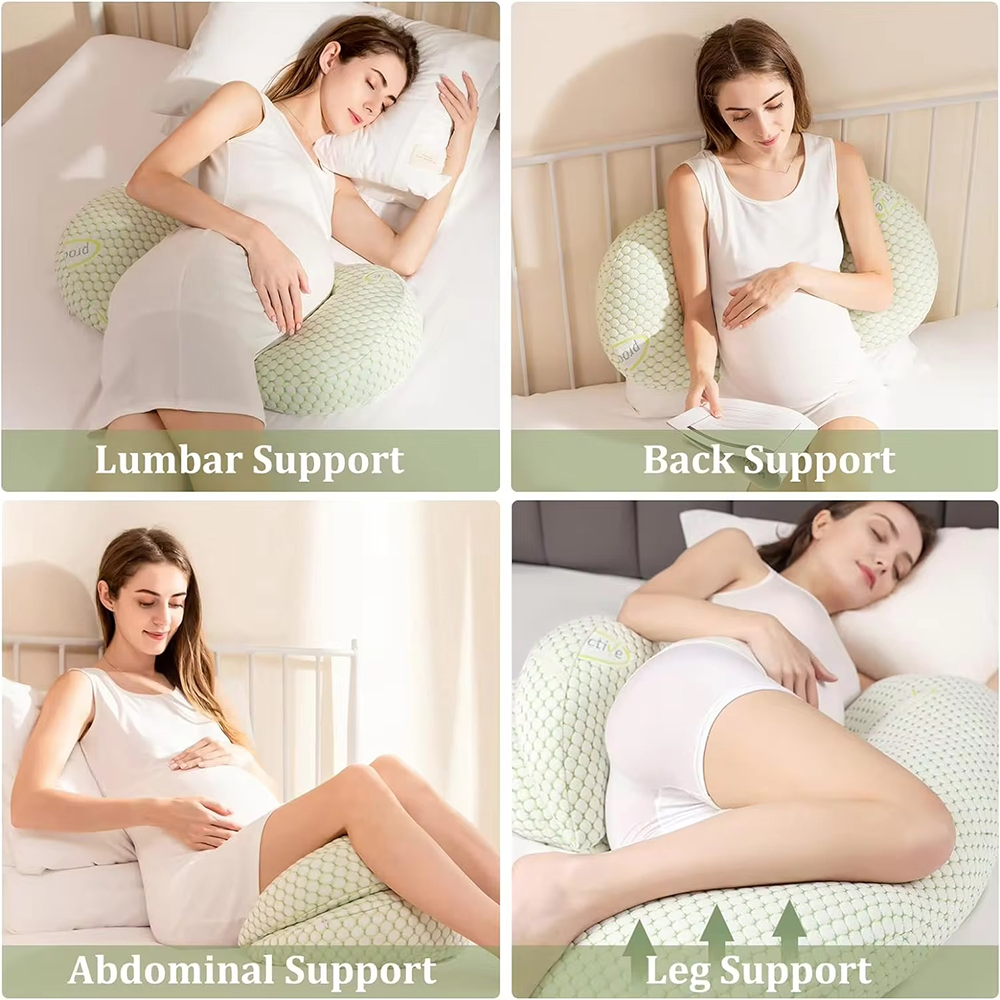 U-shaped maternity pillow for pregnancy support, soft ergonomic design, offers full body comfort for back, belly, and legs.