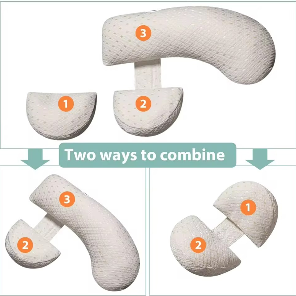 U-Shaped maternity pillow in white, offers full-body support for head, neck, back, belly, and legs with hypoallergenic fabric