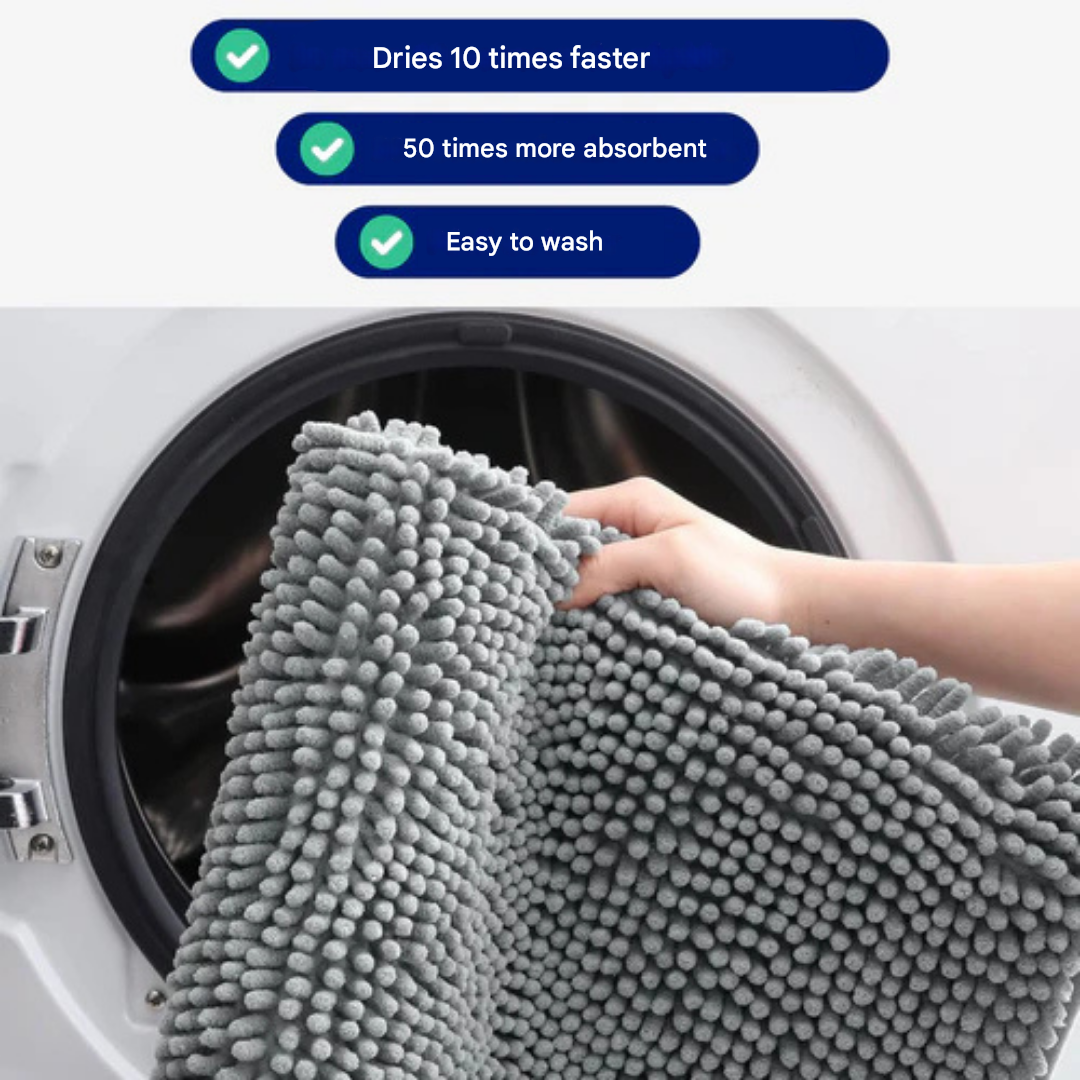 Thick, absorbent dog mat acts as a paw cleaner & floor protector. Chenille pet mat, washable & non-slip.