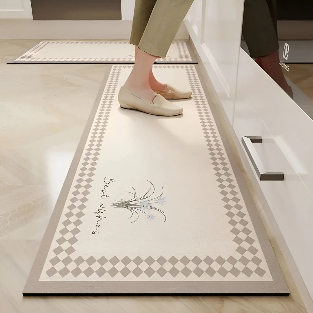 Ultra-absorbent non-slip kitchen mat for spill protection. Quick-dry PVC comfort mat, ideal for home safety & decor.