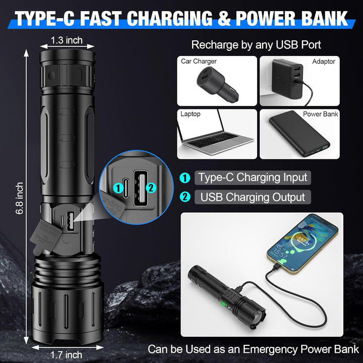 Ultra-Bright Tactical Flashlight 100,000 lumens, durable design, aviation-grade aluminium, IPX5 waterproof, outdoor, technolo