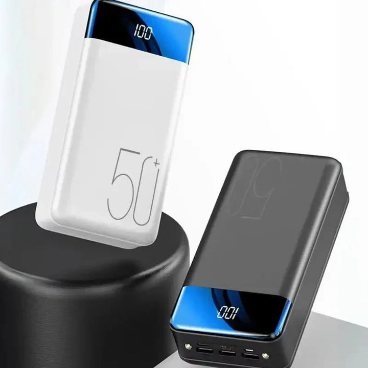 Ultra capacity 50K mAh power bank with versatile use, shown in sleek design and compact size for portable charging needs.