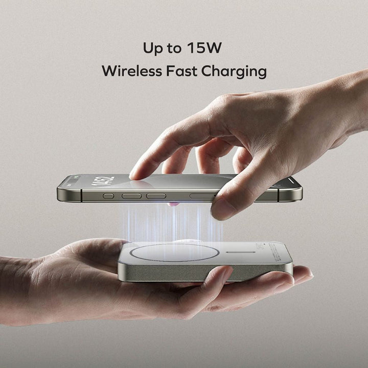 Ultra-slim aluminum power bank with sleek design, available in black, gray, or purple; ideal for portable device charging.