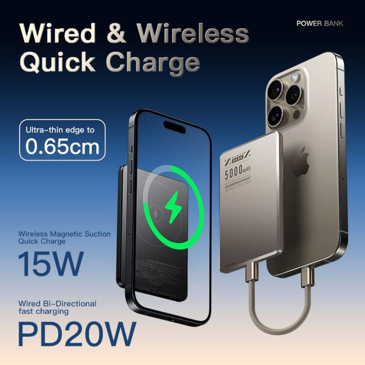 Ultra-slim aluminum power bank with sleek design, available in black, gray, or purple; ideal for portable device charging.