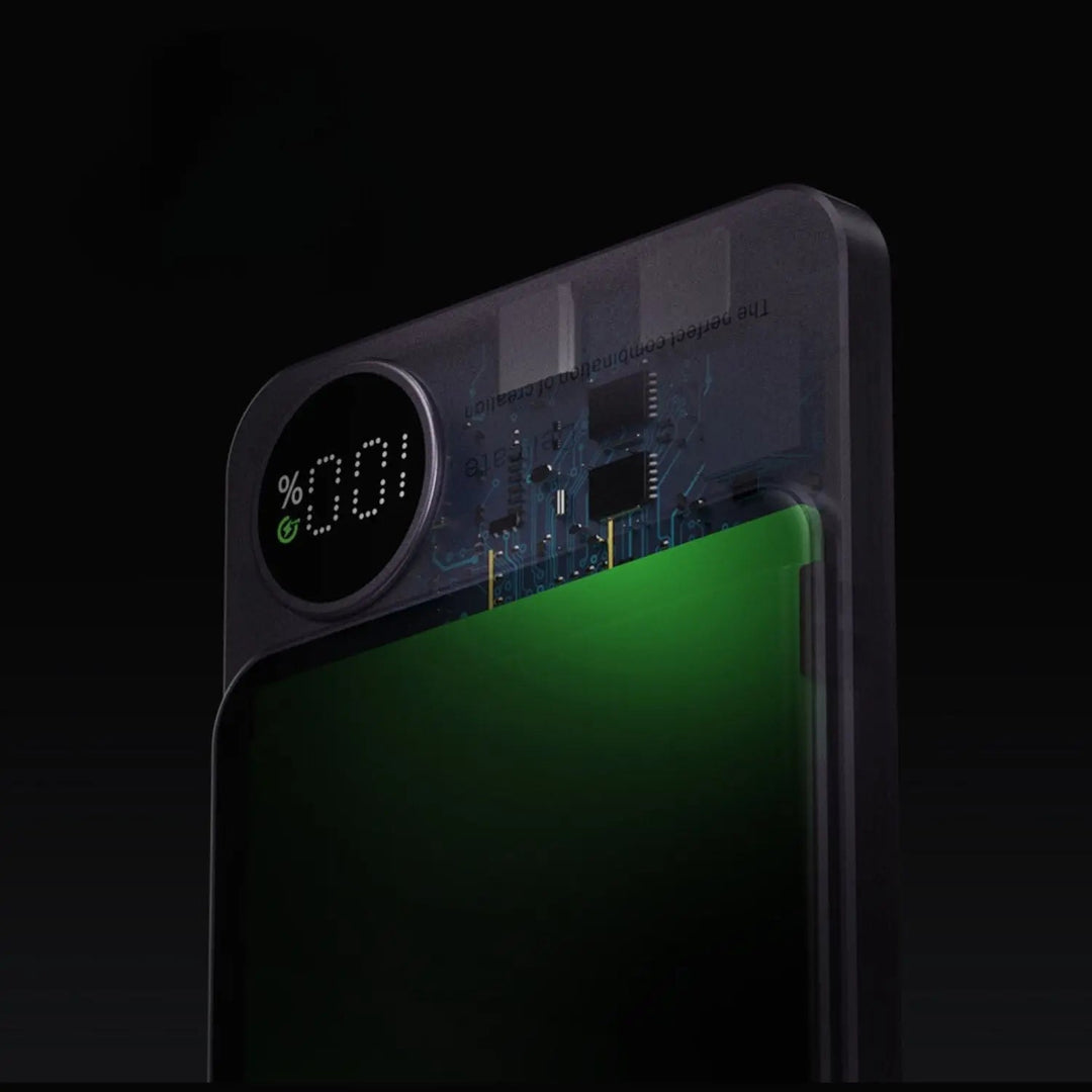 Ultra-slim magnetic wireless power bank for iPhones, 5000/10000mAh, sleek design, in Black, Green, Purple.