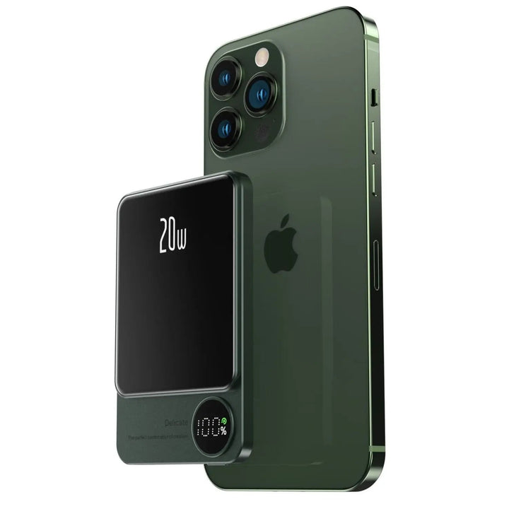 Ultra-slim magnetic wireless power bank for iPhones, 5000/10000mAh, sleek design, in Black, Green, Purple.