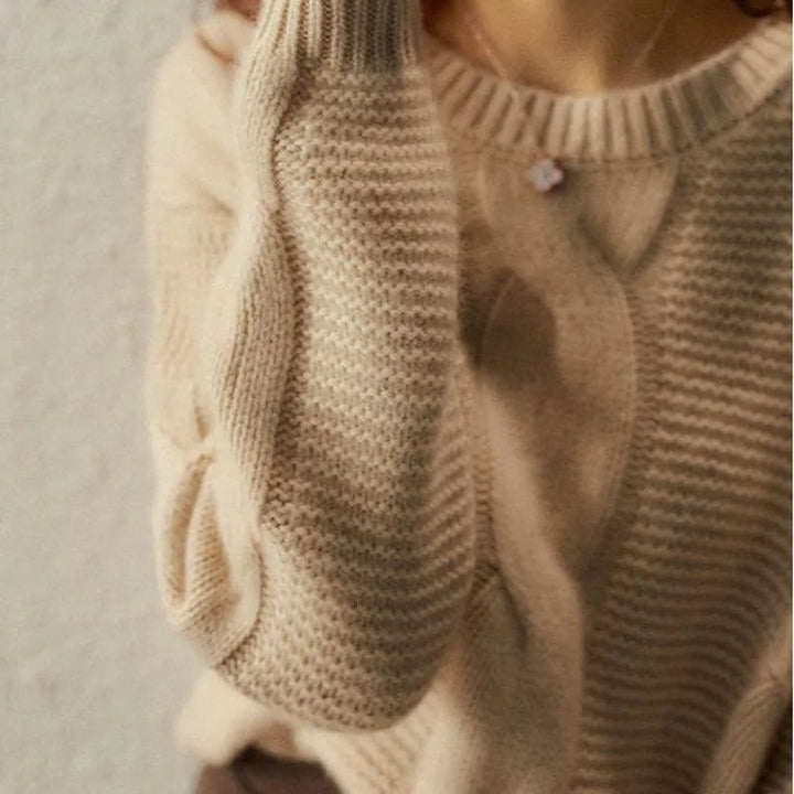 Stylish women's crew neck sweater, perfect for casual wear. Hand-knit cotton, a cozy fall essential.