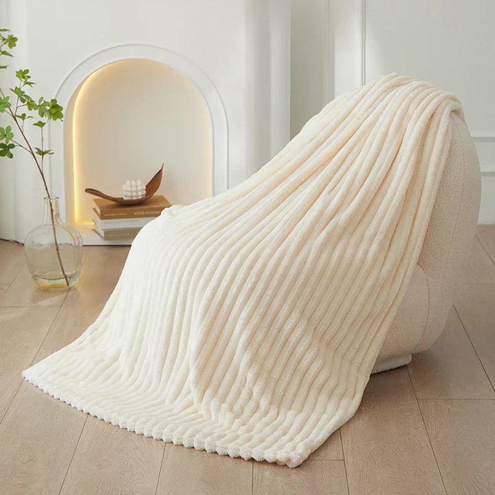 Plush wide striped flannel blanket, your go-to for cozy comfort.