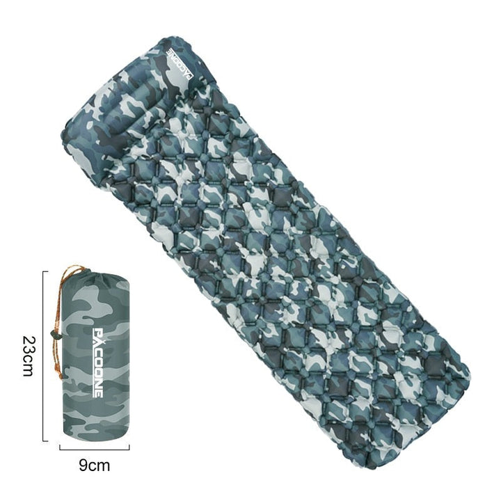 Backpacking comfort: ultralight waterproof sleeping pad, inflatable air mattress with integrated pump.