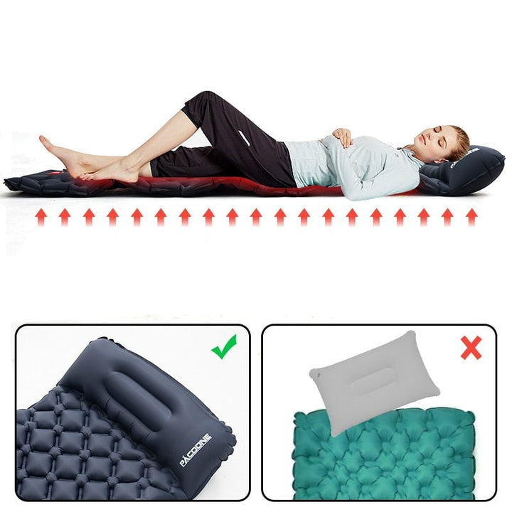 Camping essential: ultralight waterproof sleeping mat, an inflatable air mattress with built-in pump.