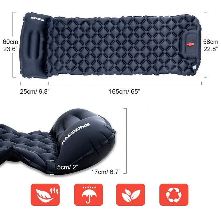 Lightweight waterproof sleeping pad for hiking. Integrated pump & compact design for easy travel.