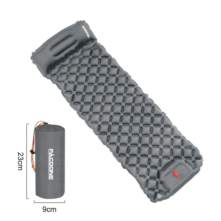 Inflatable camping sleeping pad with integrated pump, ultralight & waterproof for hikers.