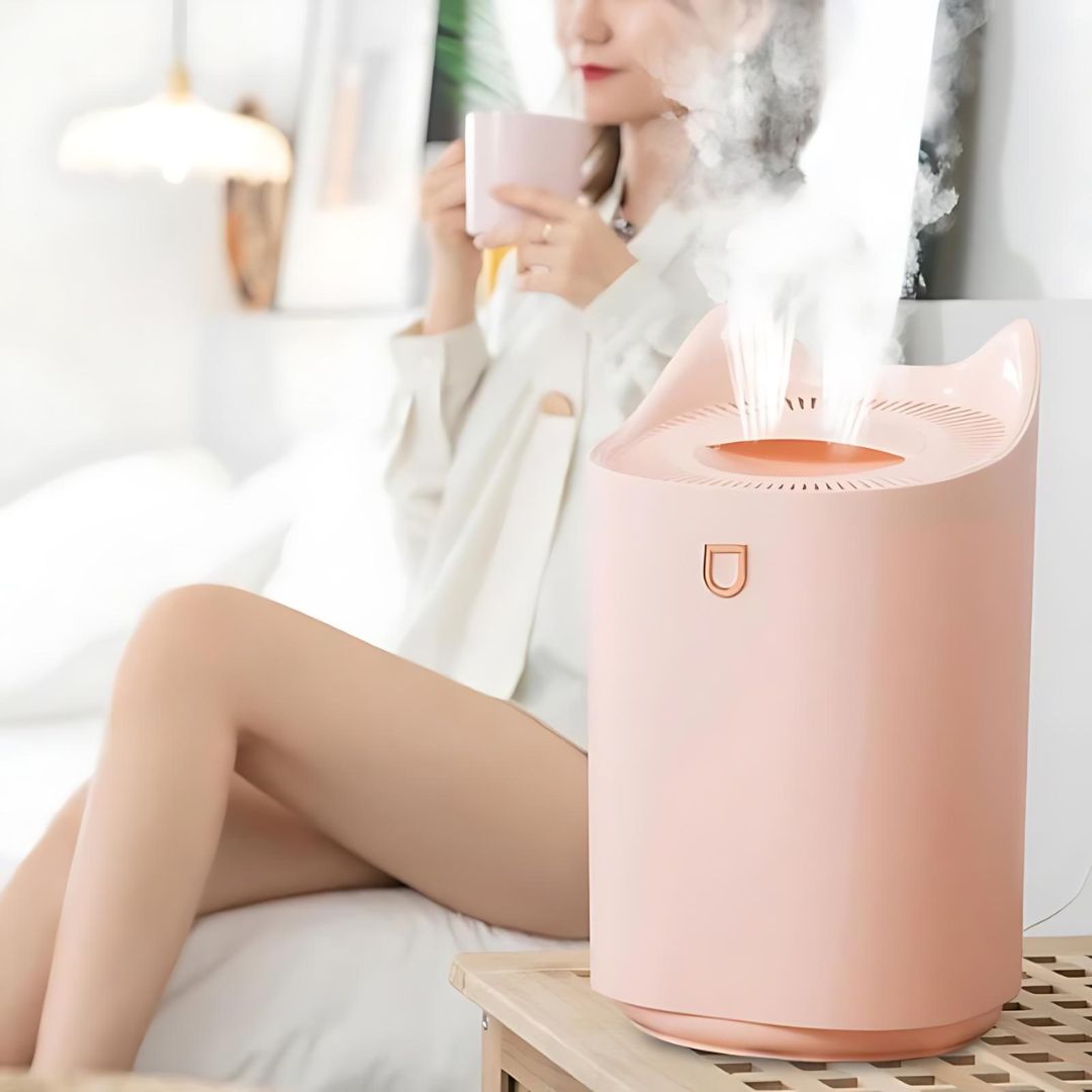 Ultrasonic humidifier diffusing fine mist for healthier, hydrated air in your home. Improves indoor air quality.