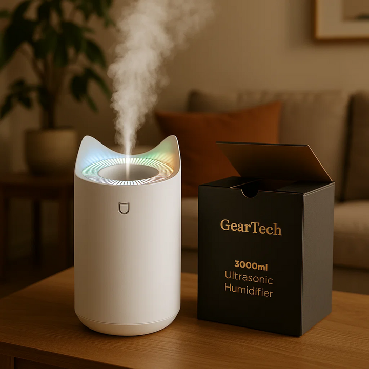 Advanced ultrasonic humidifier providing quiet, effective air hydration, reducing dry air symptoms & improving health.