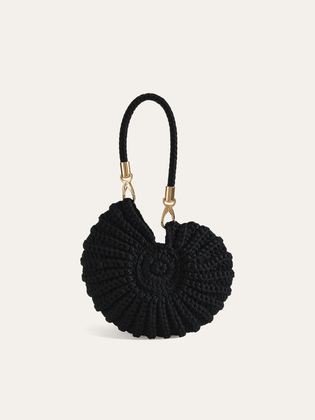 Stylish conch-shaped crocheted handbag for women, featuring unique polyester texture and elegant artistic details.