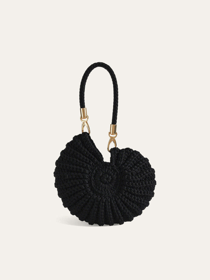 Stylish conch-shaped crocheted handbag for women, featuring unique polyester texture and elegant artistic details.