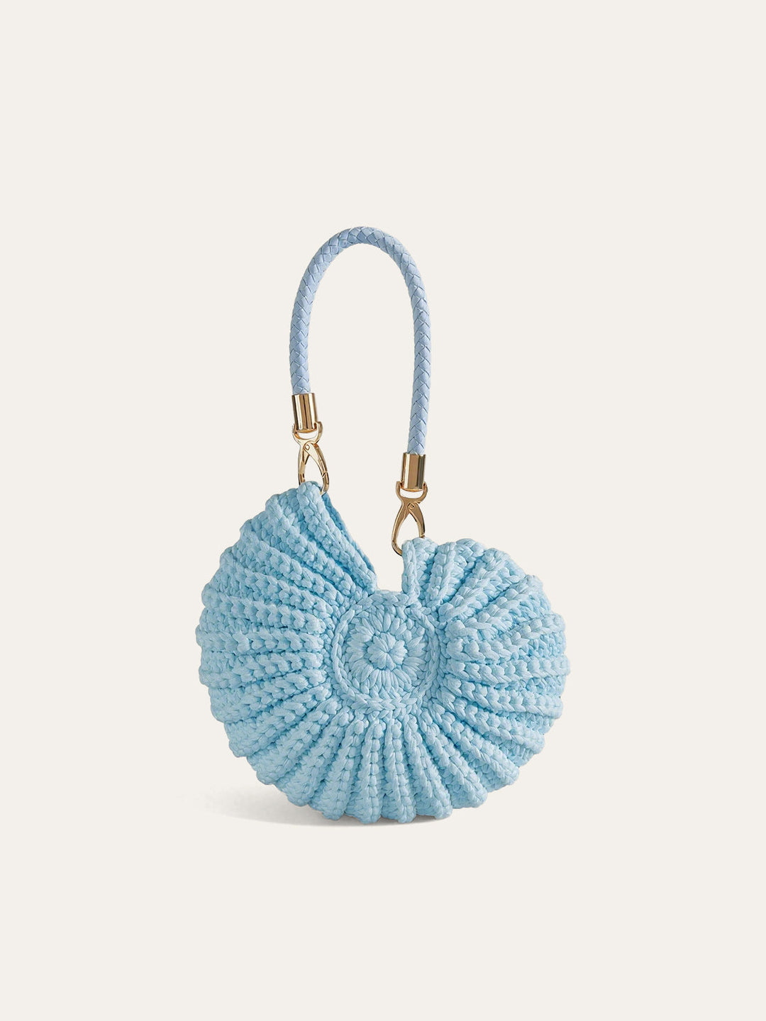 Full view of an elegant women's unique conch-shaped crocheted handbag, a polyester fashion statement accessory.