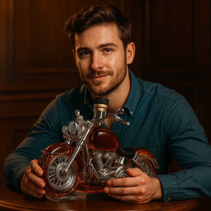 Unique glass motorcycle whiskey decanter for spirits. Stylish barware display bottle, great collector's gift.
