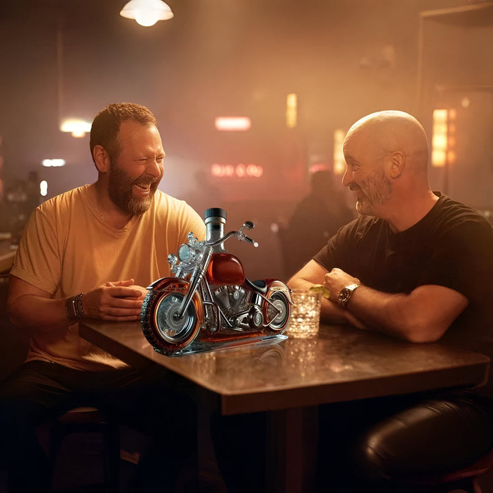 Decorative motorcycle whiskey decanter, a unique glass bottle perfect for home bar display & liquor serving.