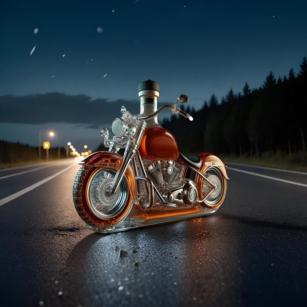Motorcycle whiskey decanter, a collector's glass bottle & unique gift for spirits and motorcycle enthusiasts.