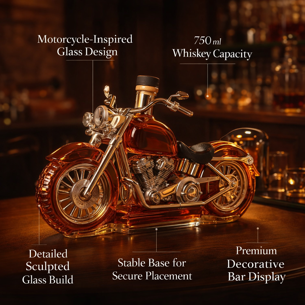 Intricate glass motorcycle decanter for whiskey & liquor. Elegant barware bottle for stylish home bar display.