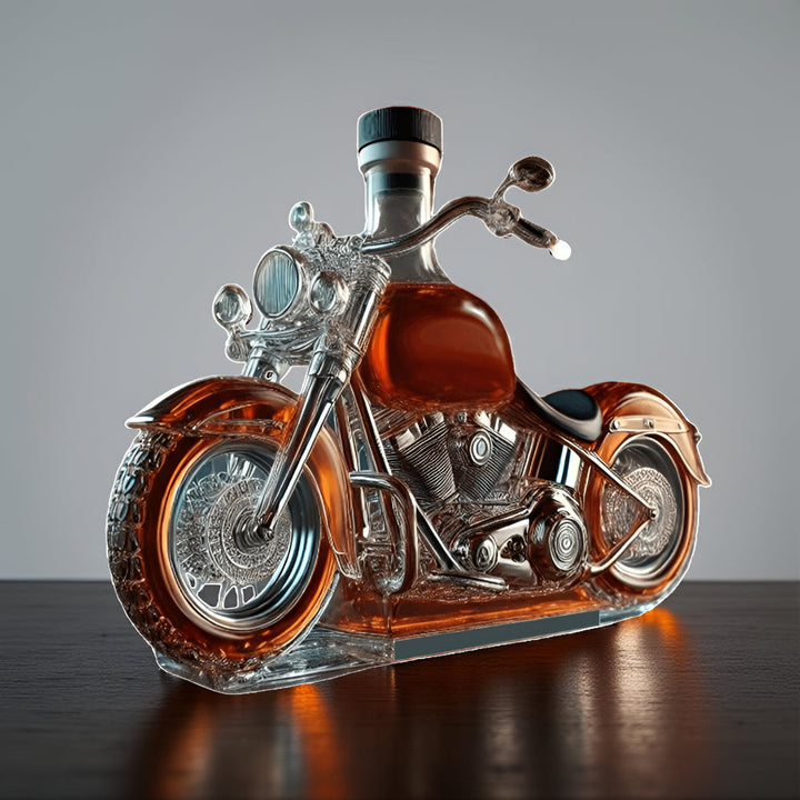 Serve your favorite spirits from this unique motorcycle whiskey decanter. A cool glass bottle for bar display.