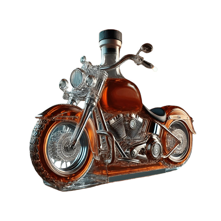 Stylish motorcycle-shaped glass whiskey decanter, perfect for decorative bar display & serving fine liquor.