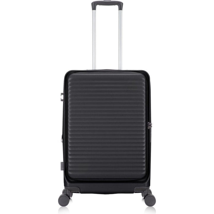 Sleek black hardshell luggage set, 2-piece, with laptop compartment, perfect for business trips.