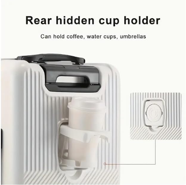 Hard shell carry-on with integrated USB charging port & cup holder for convenient travel.