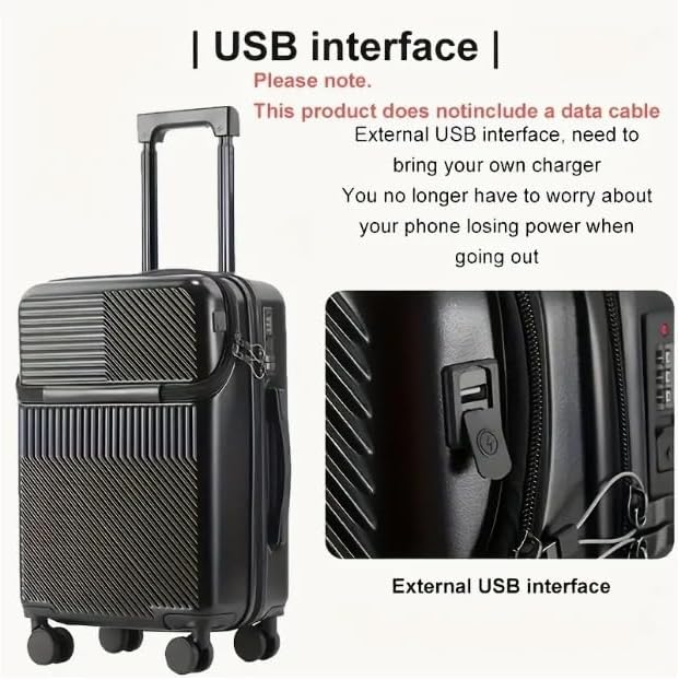 Sleek 20" hard shell carry-on luggage, unisex design with USB port, cup holder & TSA lock.