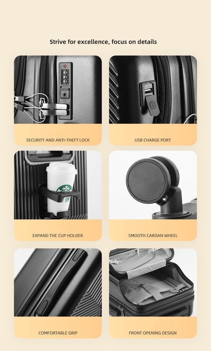 Travel smarter with this 20" hard shell carry-on: USB, cup holder, TSA lock & spinner wheels.