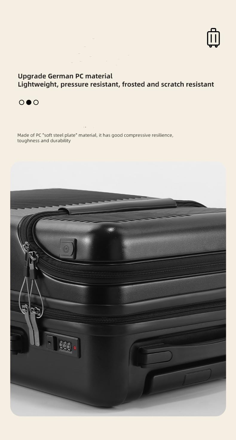 Modern 20" hard shell carry-on luggage: USB port, cup holder, TSA lock, spinner wheels.