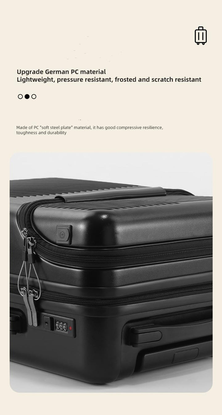 Modern 20" hard shell carry-on luggage: USB port, cup holder, TSA lock, spinner wheels.
